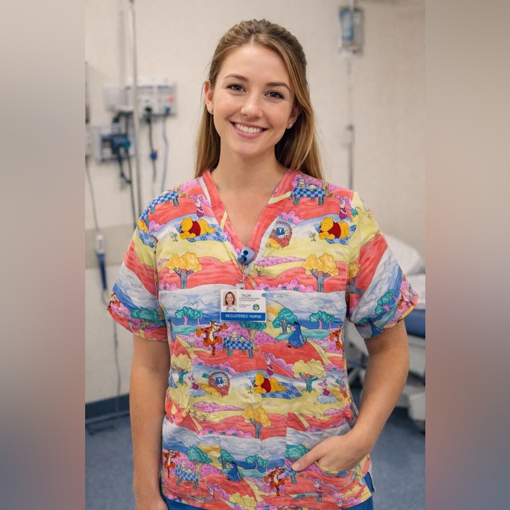 Disney Winnie the Pooh Womens Scrub Top Multicolor Short Sleeve Pockets nurse